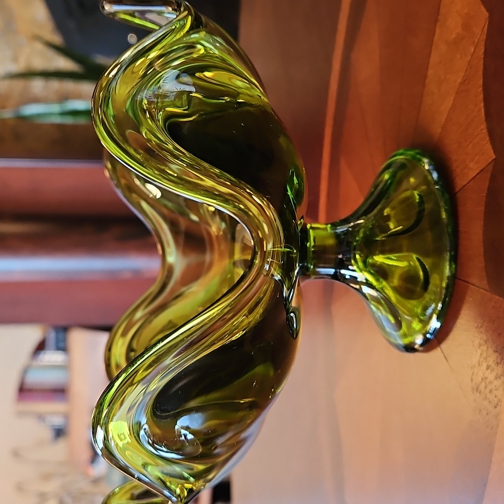 Vintage Viking Glass Epic Six Petal Compote Pedestal Candy Bowl Avocado Green
